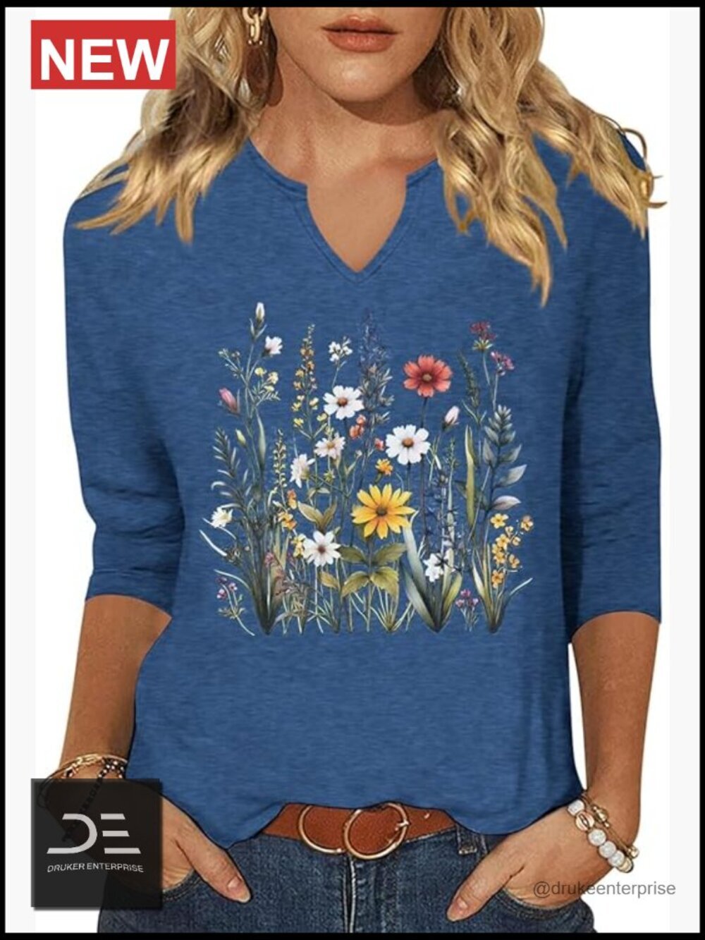 3/4 Sleeve V Neck Floral Tops Loose Casual Cute Graphic Tee